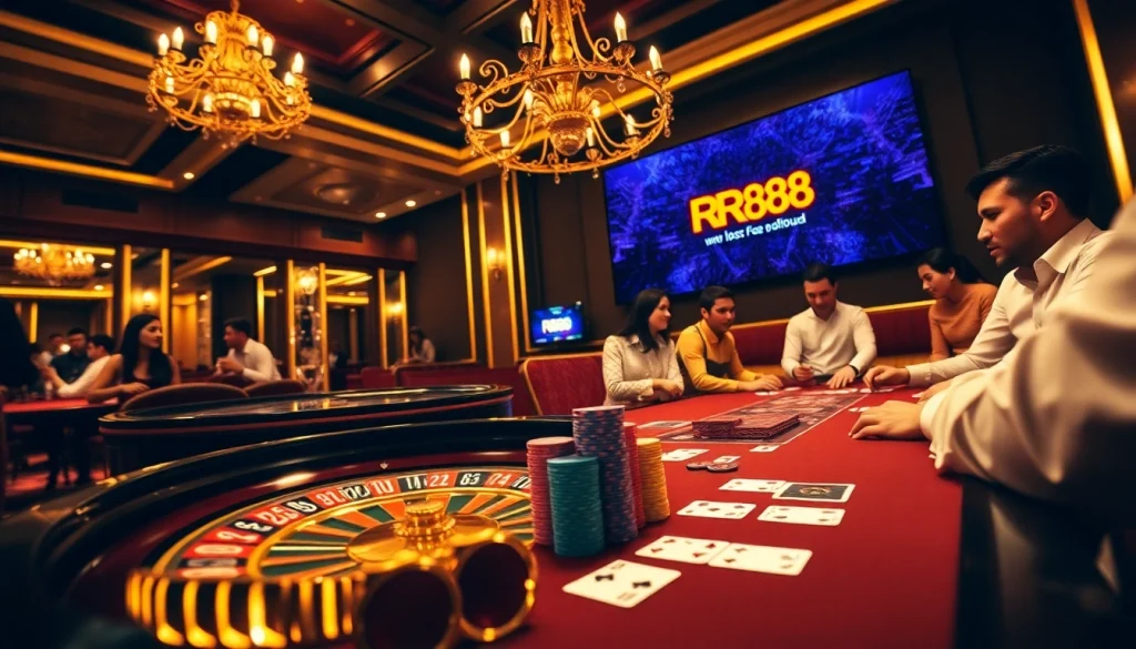 Engage in thrilling gaming action at RR88's luxurious casino, featuring vibrant poker tables and roulette wheels.