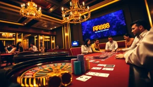 Engage in thrilling gaming action at RR88's luxurious casino, featuring vibrant poker tables and roulette wheels.