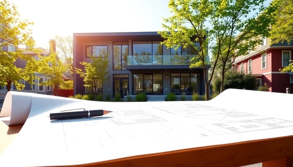 Residential Architect Boston designing a contemporary home with blueprints and city skyline.
