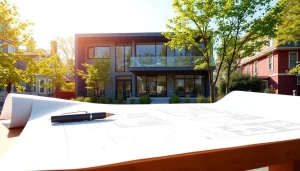 Residential Architect Boston designing a contemporary home with blueprints and city skyline.