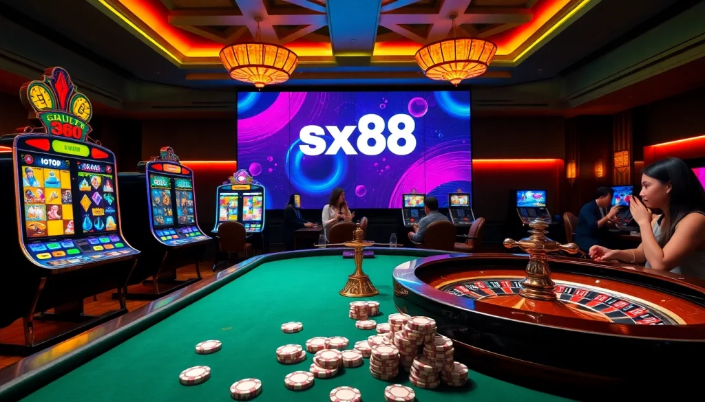 Dynamic casino gaming experience on Trang chủ sx88 with vibrant slot machines and poker action.