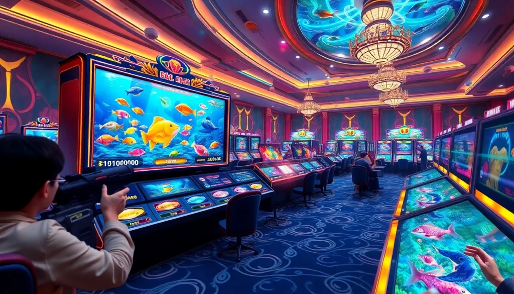 bắn cá đổi thưởng players aiming for fish in a vibrant online gambling atmosphere.