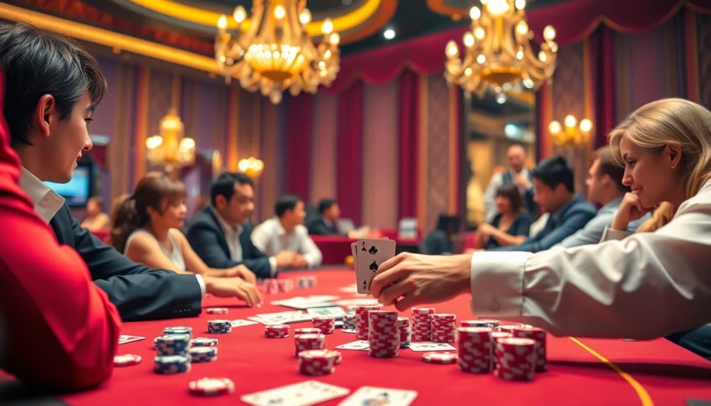 Players enjoying an intense poker game at NK88's luxurious casino table, filled with excitement.