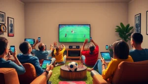 SOCOLIVE soccer fans enjoying live streaming on multiple devices in an inviting home setting.