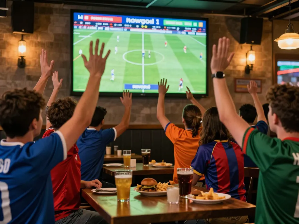Fans celebrating football live scores and predictions on Nowgoal at a vibrant sports bar.