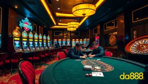 Players engage in a thrilling poker game in a luxurious casino setting, showcasing da88's exciting atmosphere.