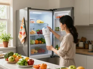 AQUA CREST 5231JA2002A Refrigerator Water Filter being installed in a modern kitchen, highlighting healthy living.