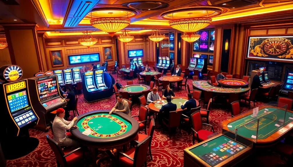 Experience the thrill of u888 at a luxurious casino filled with poker tables and vibrant slot machines.