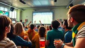 Excited football fans watching a live match on a large screen at OKWINTV, showcasing a vibrant atmosphere.