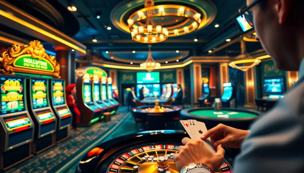 Scène captivante de casino en ligne argent réel France avec des machines à sous vibrantes et un gameplay de poker.