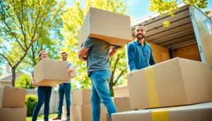 Provincial movers packing boxes and furniture with care in a bright residential setting.