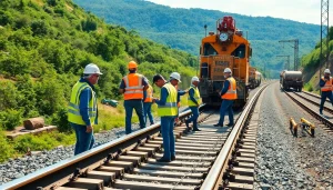 Railroad Contractors Near Me collaborating on a railway construction project at a dynamic construction site.