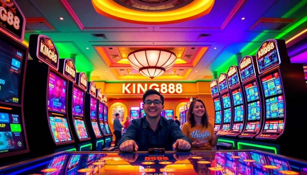 Exciting scene of players enjoying KING88 online gaming experience with vibrant casino atmosphere.