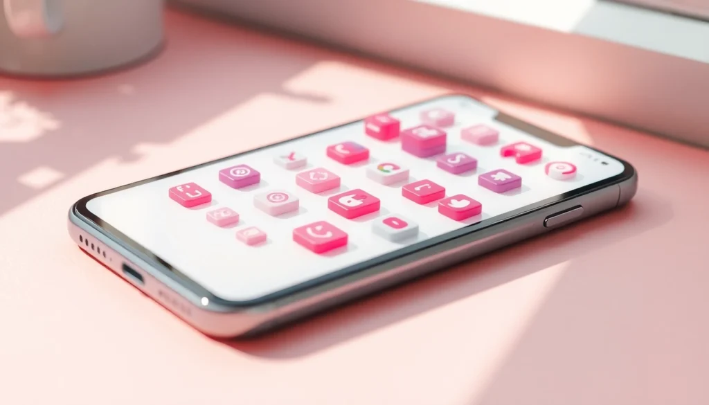 Showcase of vibrant pink app icons on a smartphone against a soft pastel background.