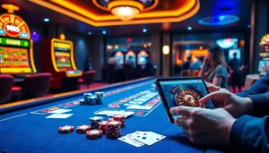 Experience the excitement of digital gambling with MV88 featured in a lively casino setting.