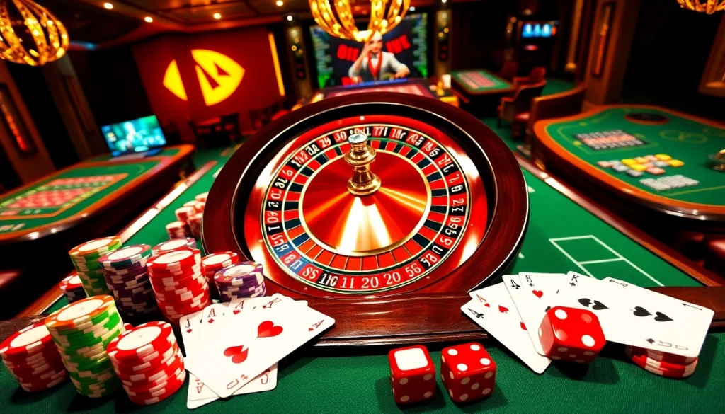 Vivez le frisson électrisant du casino en ligne avec une roue de roulette luxueuse et des jetons de poker vibrants.