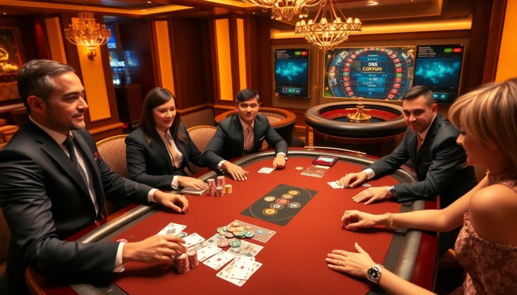 Players engaged in a high-stakes poker game at OKFUN Casino, showcasing chips and cards.