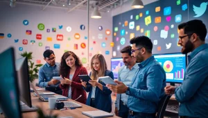 Social media marketing edmonton professionals collaborating in a vibrant office.