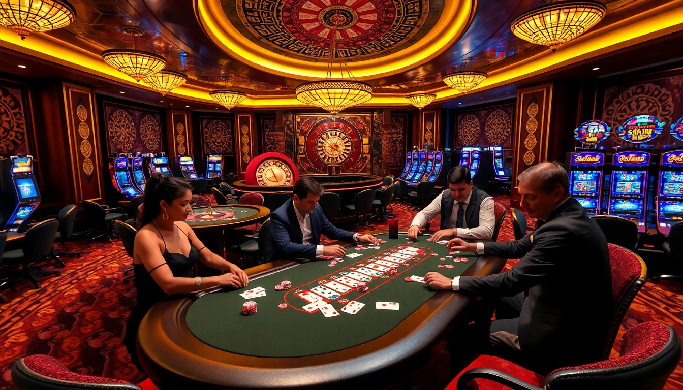 Engaging scene of U31 players at a luxurious casino table playing poker with colorful chips.