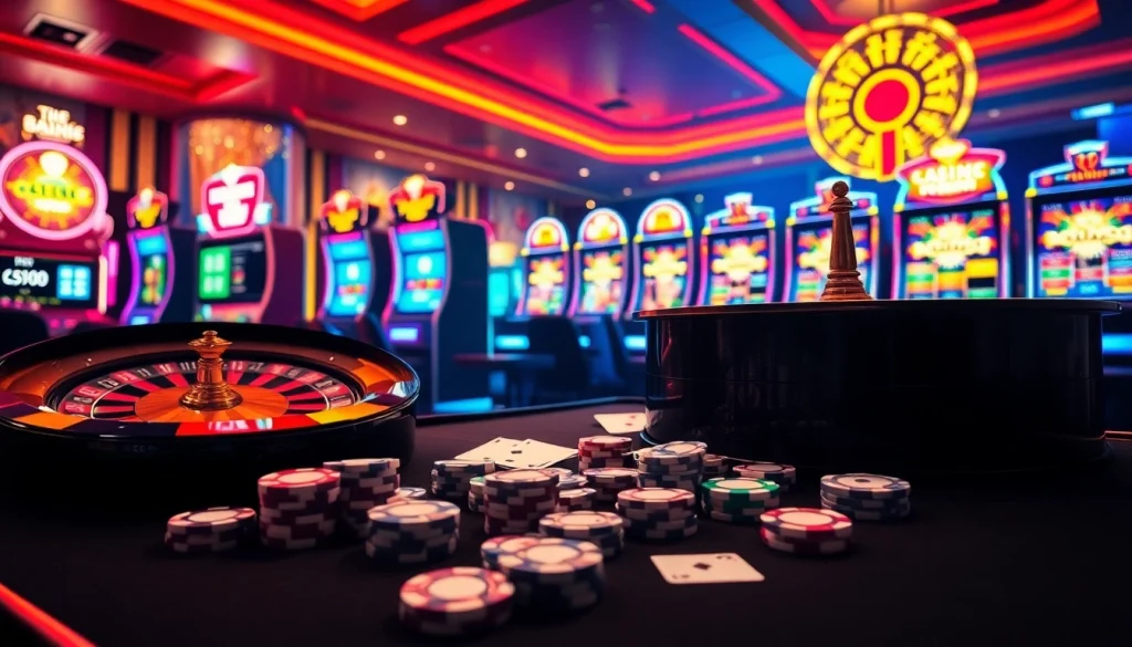 Ambiance engageante de casino en ligne avec roulette et machines à sous vibrantes.