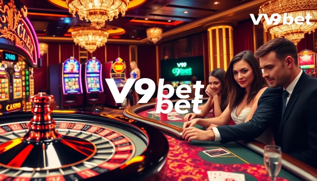 V9bet players enjoying an exciting gaming experience at luxury casino tables and machines.