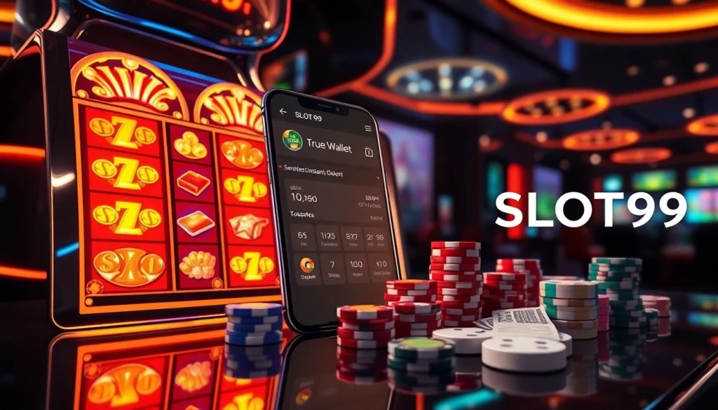 Engaging SLOT99 online slot game interface showing instant wallet deposits and vibrant reels spinning