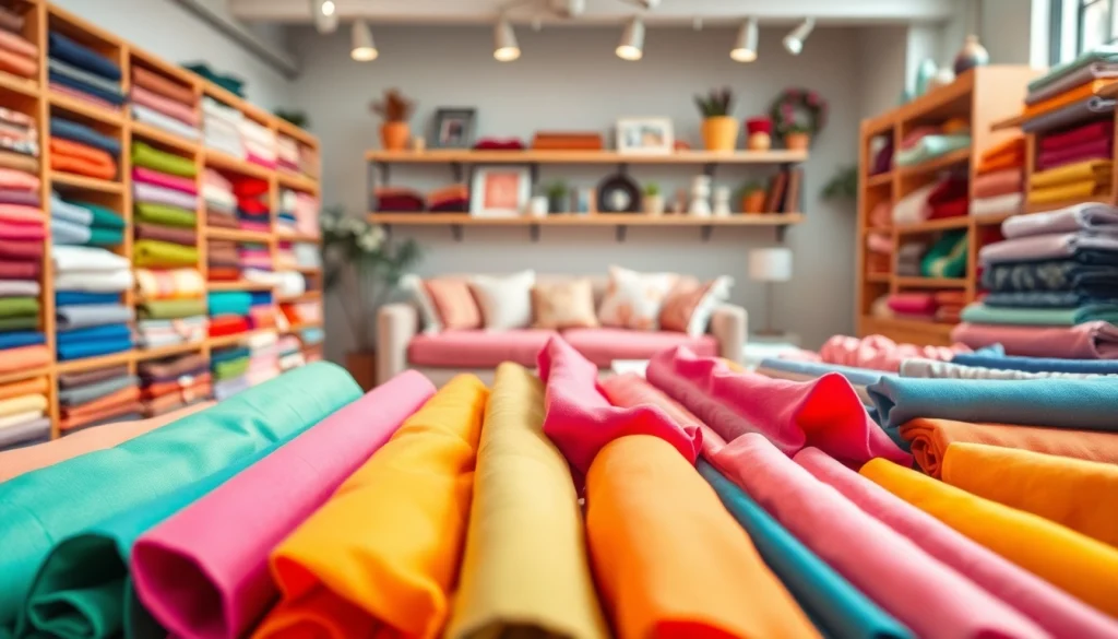 Katoen stof kopen achter in de winkel met kleurrijke stoffen en warme verlichting.