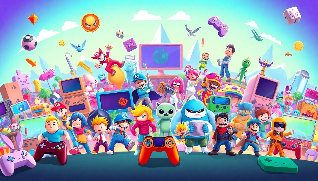 Engaging scene with gnhustgames characters showcasing diverse gaming genres and vibrant activities.