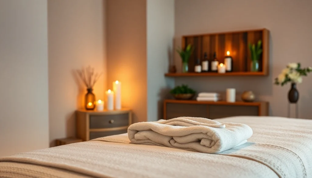 편안함을 위한 차분한 장식과 부드러운 조명으로 꾸며진 마사지 치료실.