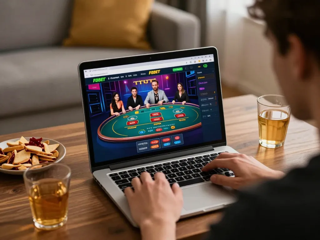 Player enjoying F8BET online casino game on laptop with snacks in a cozy setup.