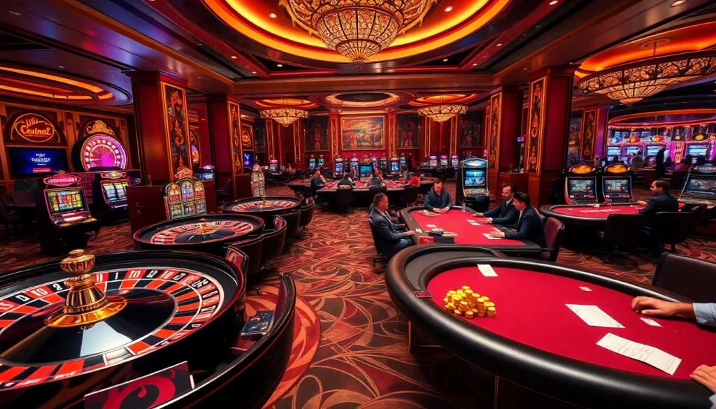 Joueurs engagés dans un luxueux casino en ligne argent réel France avec des tables de roulette et de poker.