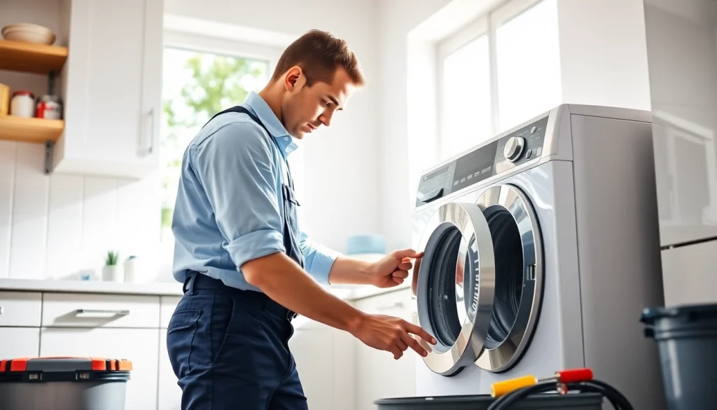 Appliance repair near me: skilled technician fixing a washing machine in a modern kitchen.