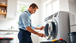 Appliance repair near me: skilled technician fixing a washing machine in a modern kitchen.
