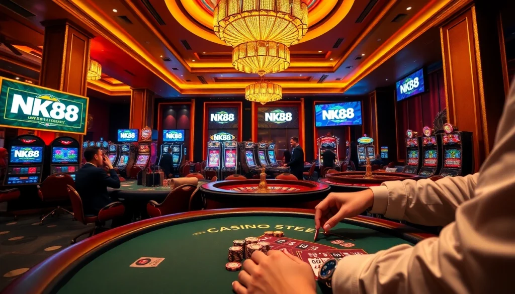 Excited gamblers playing at NK88-branded casino tables filled with vibrant slot machines and roulette wheels.