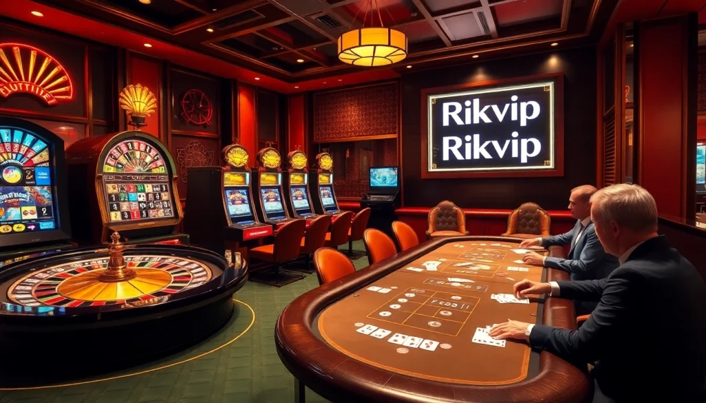 Experience high-stakes gambling at Rikvip with vibrant slot machines and an elegant roulette wheel.