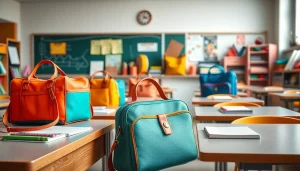 Handytasche Klassenzimmer in verschiedenen Designs und Farben an einem hellen Klassenzimmer-Set.