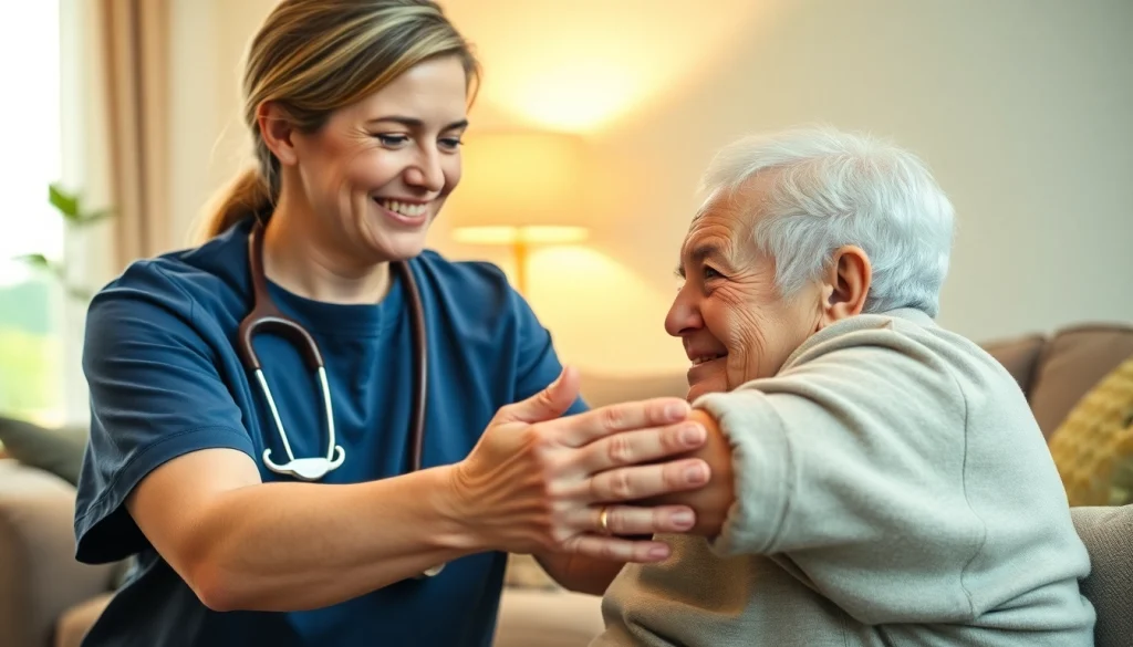 Elderly in home care near me, showcasing a caregiver assisting a senior in a cozy, well-lit living room.