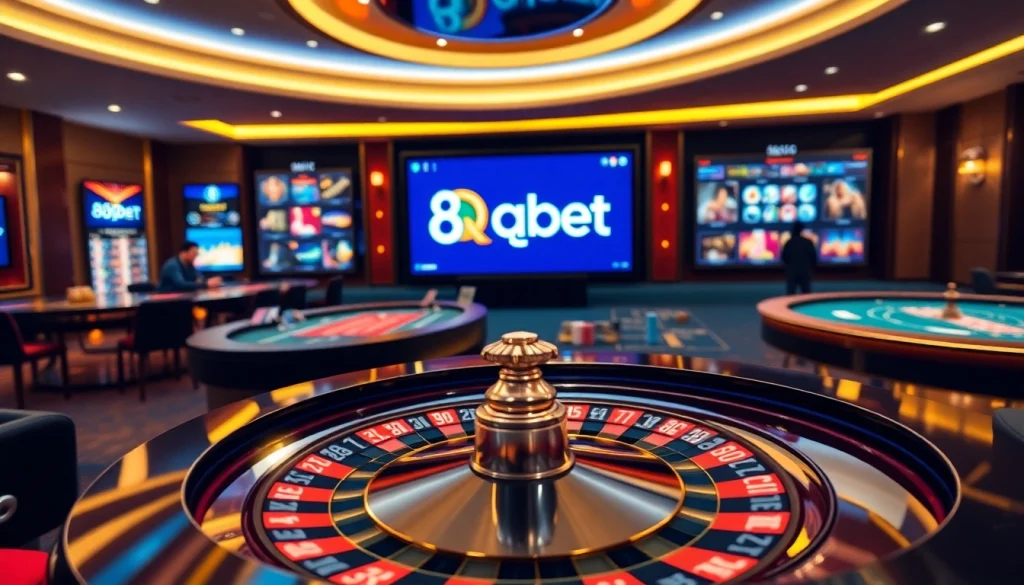 Players enjoying thrilling games at 8qbet online casino, showcasing poker chips and roulette.