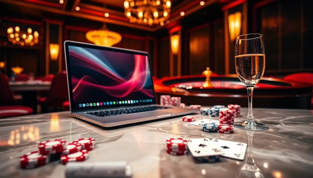 Vivez l'excitation des gains dans un cadre de casino en ligne luxueux avec des jetons de poker vibrants et une roue de roulette.