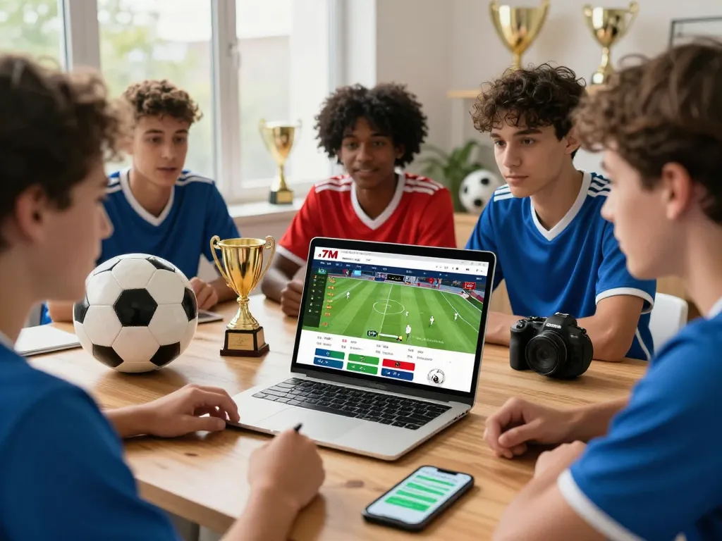 Enthusiastic soccer fans engaging with the 7M site, tracking live scores.