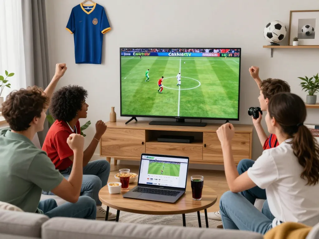 Cakhiatv friends enjoying live football match in a vibrant living room.