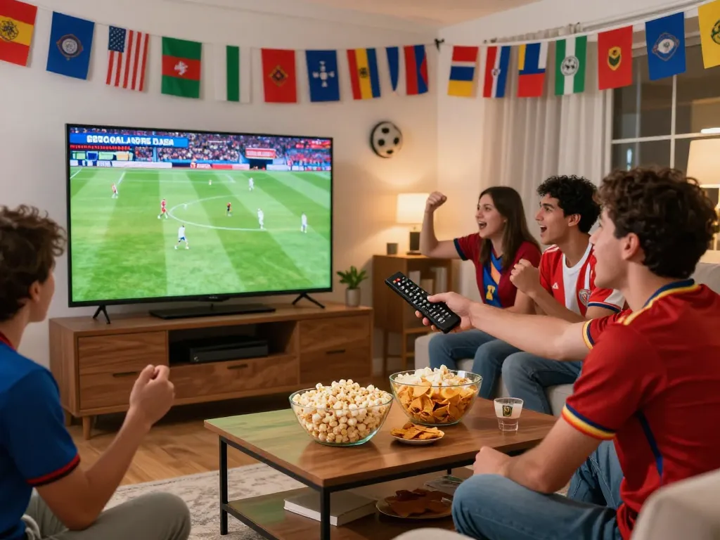 Exciting scene of fans watching trực tiếp bóng đá cakhiatv in a vibrant living room during a live soccer match, showcasing lively interactions and soccer memorabilia.