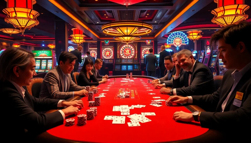 Meja permainan KIT4D dengan chip poker dan kartu, suasana kasino yang penuh warna, menghadirkan kegembiraan dan kemewahan