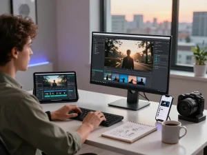 Content creator generating video to prompt in a modern workspace with tech gadgets and cinematic displays.