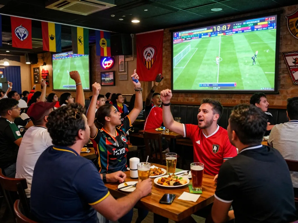 Kết quả bóng đá shown on large screens in a lively sports bar, fans celebrating during a live match.