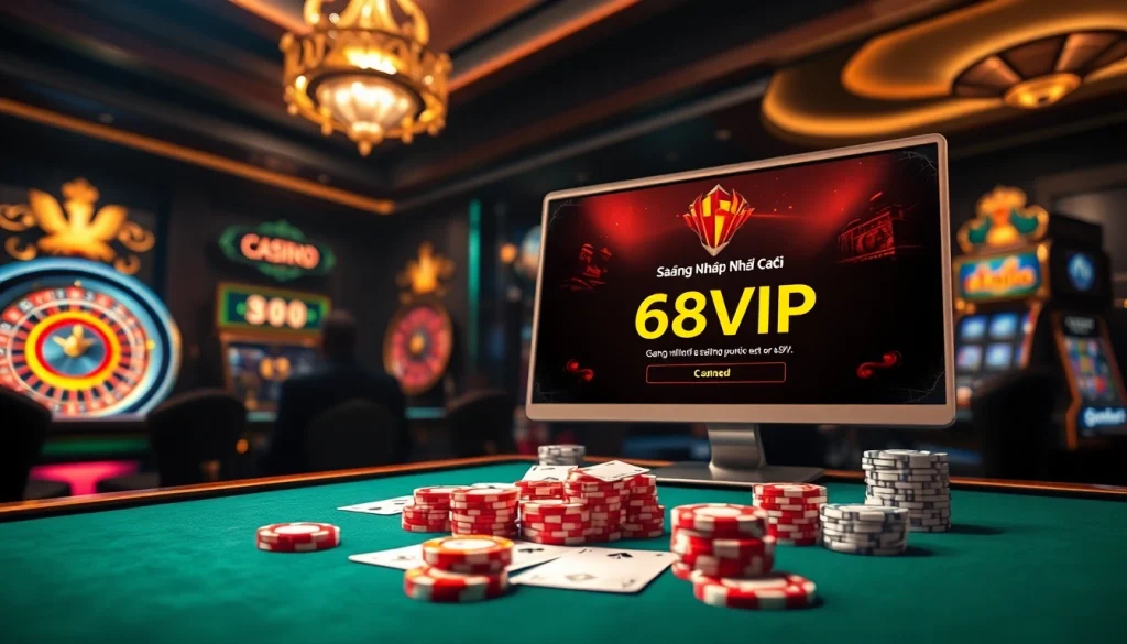 Experience the excitement of Đăng Nhập Nhà Cái 68VIP with a luxurious online casino atmosphere featuring dynamic gaming elements.