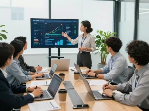 現代のオフィスで戦略を議論する合同会社SUMXの専門家たちの協力的な会議シーン。