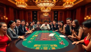 Excited players engaging in the game at Tài Xỉu MD5 on a sophisticated casino table at https://taixiumd5.fan/.