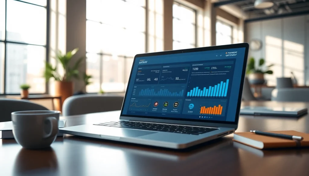 Visual representation of a payment gateway interface on a laptop in an office, illustrating digital transactions.