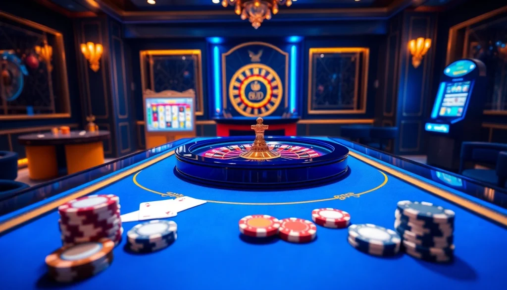 Vivez l'excitation du casino en ligne avec une table de roulette virtuelle luxueuse et des jetons de poker.